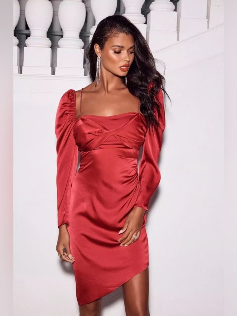 Astr Claudina  Red Satin Long-Sleeve Asymmetric Mini Dress